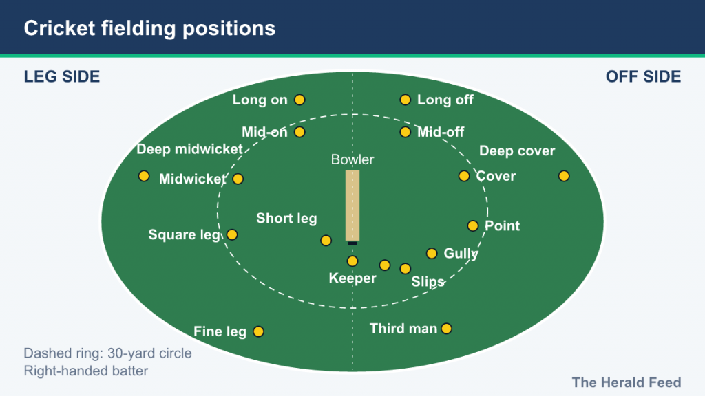 Cricket field map of fielding positions for a right-handed batter, leg side left, off side right