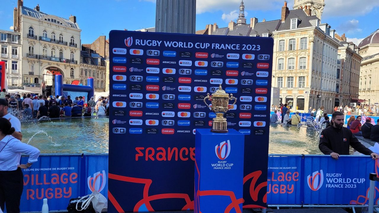 The Webb Ellis Cup on display in Lille during the 2023 Rugby World Cup