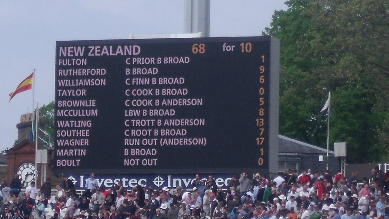 Lord's scoreboard during a Test match between England and New Zealand