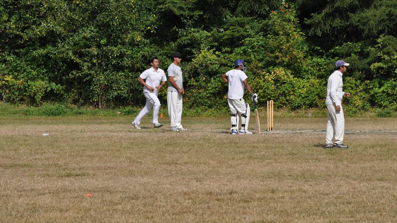 Cricket bowler in his delivery stride during a club match