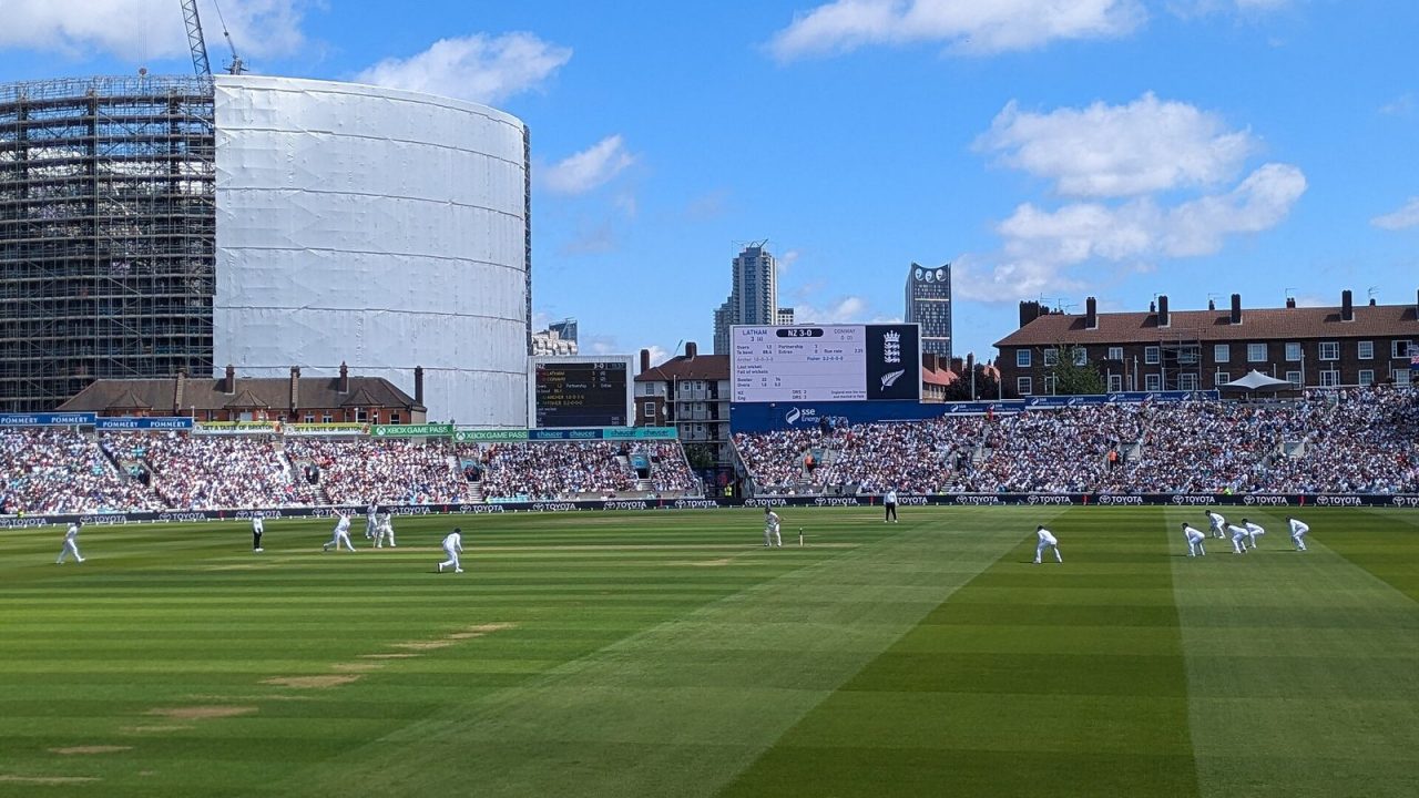 Matthew Fisher bowling to Tom Latham during the England v New Zealand Test at the Oval